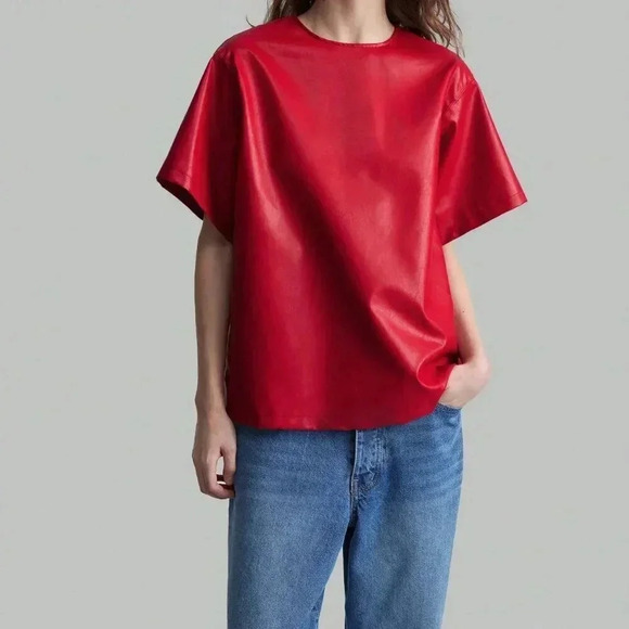 Tops - Red Casual Women's Cropped Crew Neck Top
